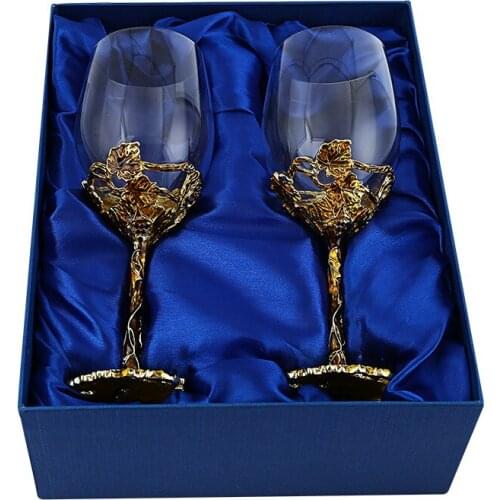 Luxurious Hand Made Gold Stemmed Crystal Wine Glass Set of 2 with Gift Box for House Warming Gifts Wedding Gift