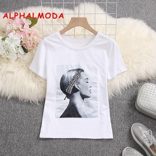 ALPHALMODA 2019 Trendy Short-sleeved Tshirts Sequined Pattern Appliques Ladies Pullovers Fashion Summer Tee Tops White Black