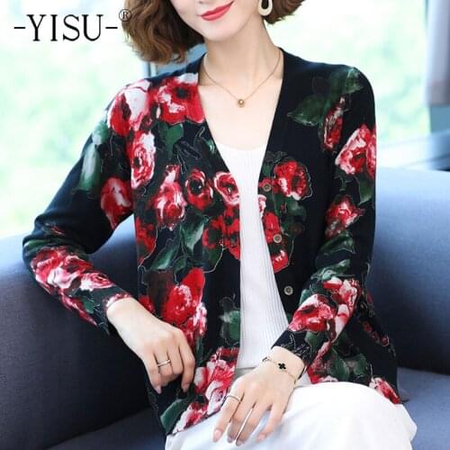 YISU Womens clothing Cardigans Sweater V-Neck Fashion printing Knitted Coat Cardigan Single Breasted Casual Knit Jacket Sweater