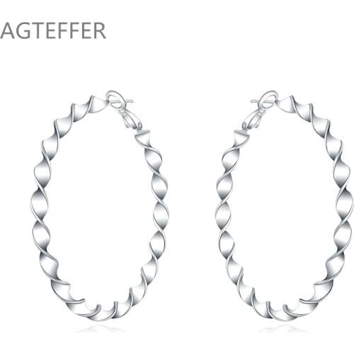 AGTEFFER 925 Sterling Silver 45mm Circle Ripple Hoop Earring For Woman Fashion Party Wedding Engagement Party Jewelry