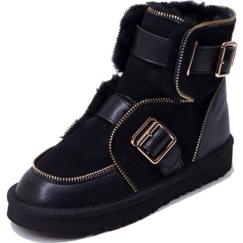 Kmeioo Women Snow Boots Genuine Leather Round Toe buckles Platform Winter Wool Ankle Boots comfortable walking flat shoes