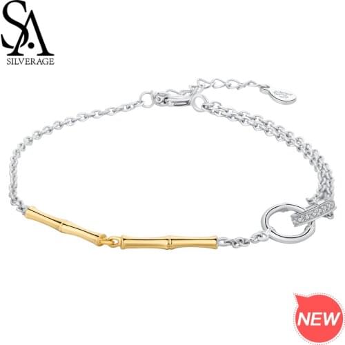 SA SILVERAGE 925 Sterling Silver Bracelets for Women 925 Silver Bracelets & Bangle Fine Jewelry Bracelet Femme Gold Color Bamboo