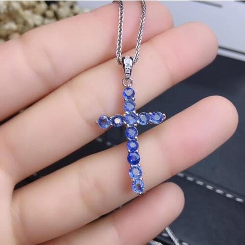 Fashion Lovely Cross natural blue sapphire pendant S925 silver Natural gemstone Pendant Necklace women party girl gift jewelry
