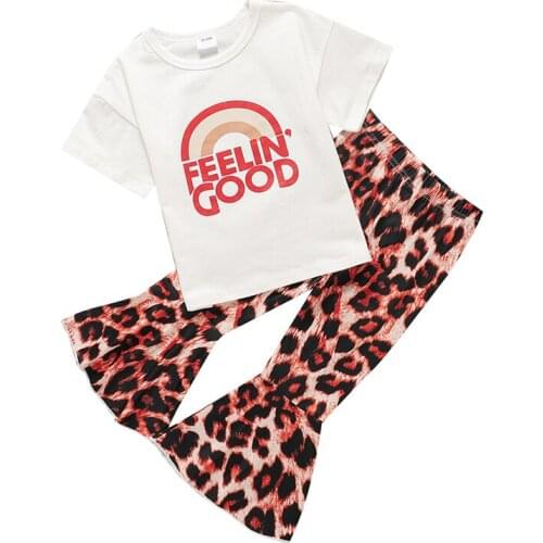 1-6Y Fashion Children Kids Girls Summer Clothing Sets Short Sleeve Letter T-Shirt Tops+Leopard Flare Pants Outfits