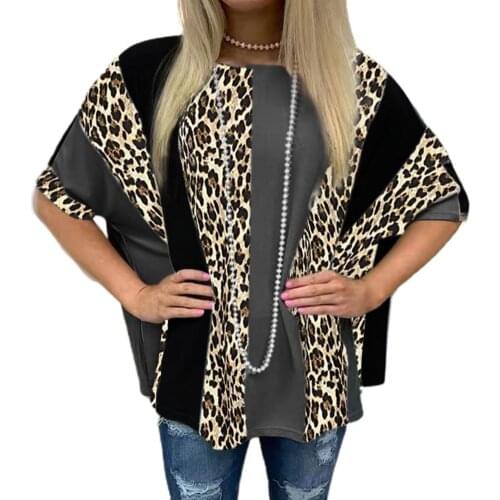 Female Tops Summer Short Sleeve Round Neck Loose Summer Stitching Leopard Print Women T-shirt 2021
