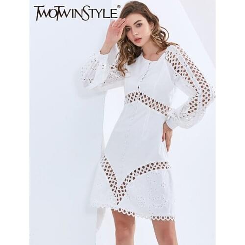 TWOTWINSTYLE Hollow Out Elegant Womens Dress O Neck Long Sleeve High Waist Black Dresses Female Fashion New Clothing 2020 Style
