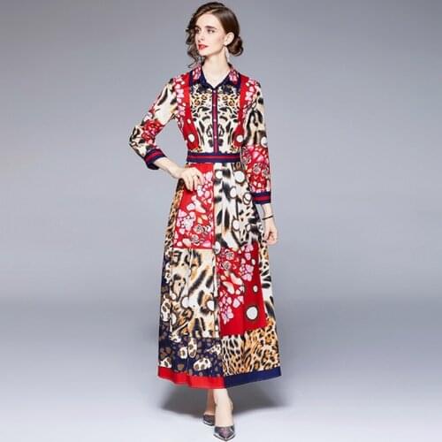 Autumn Elegant Womens Full Sleeve Turn Down Collar Leopard Flower Printed Plaid Long Office Party Maxi Shirt Dress Vestidos