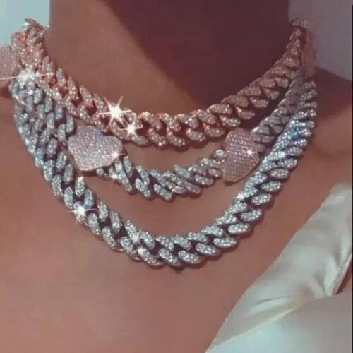 Top fashion Iced out bling 5A cubic zirconia pink heart cuban link chain choker necklace for lover girlfriend wedding jewelry