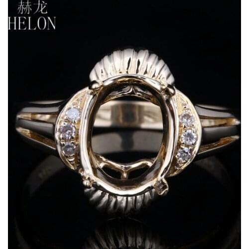 HELON Solid 14K Yellow Gold Natural Diamond Engagement Wedding Women Trendy Fine Jewelry Semi Mount Ring Setting Fit Oval 9x7mm