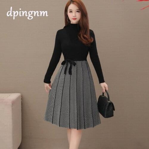 Women autumn Casual Patchwork Party Dress Vintage Stripe Brief Wave A-line Dress HA142