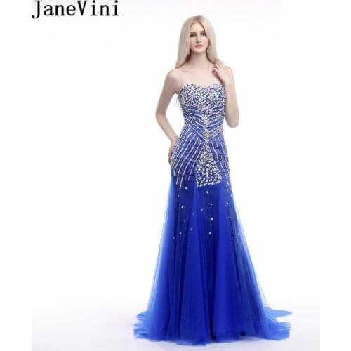 JaneVini Royal Blue Women Prom Dresses Sparkly Crystal Beading Wedding Party Bridesmaid Dress Mermaid Long Dinner Formal Gowns
