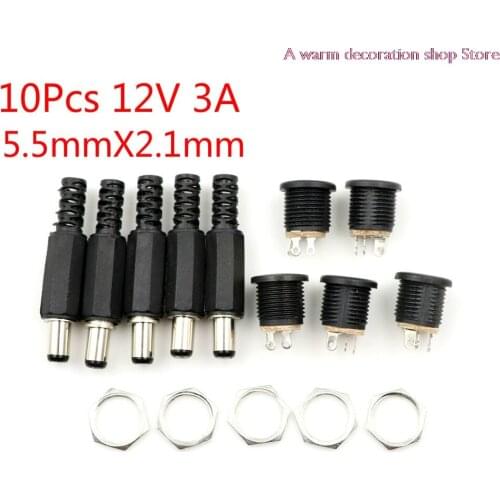 10 pcs 12V 3A Plastic Male Plugs + Female Socket Panel Mount Jack DC Power Connector Electrical Supplies 5.5mm x 2.1mm