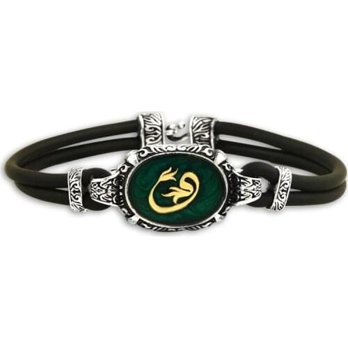 925 Sterling Silver Bracelet for Men with Enamelled Green Arabic Alphabet and Tulip Design