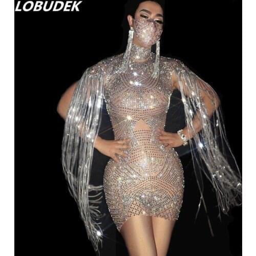 Sparkly Silver Rhinestones Fringe Short Dress Women Birthday Celebrate Prom Crystal Stones Skinny Dress Singer Nightclub Costume