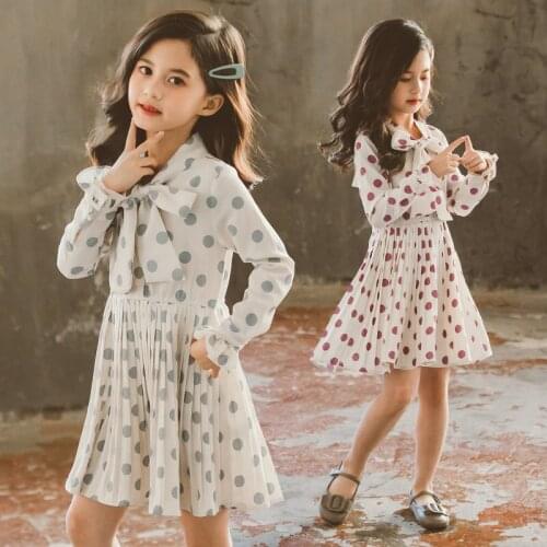 Kids Solid Dot Bowtie Dress Front Pleated Girls Cute Clothes Kids 2020 Blouse Style A Line Children Knee Length Chiffon Dresses