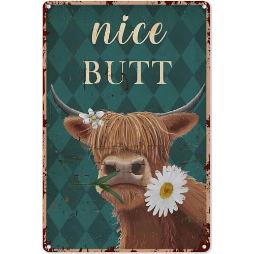 Highland Cow Wall Art Black and White Highland Cattle Nice Butt Flower Tin Sign Decoration Vintage Chicfor Bathroom Bedroom