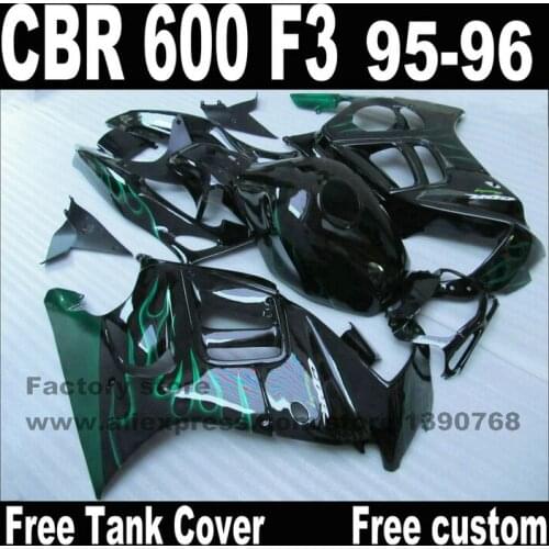 Fairing kit+Tank cover for HONDA CBR 600 F3 fairings 1995 1996 95 96 green flames in black bodywork sets CN62