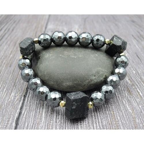 Natural Tourmaline Double Points Beads 10mm Faceted Hematite Round Beads Beaded Bracelets