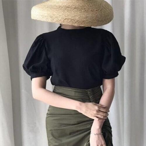 Puff Sleeved Solid Black Women Blouse 2021 Summer Vintage O-neck Slim Office Lady Elegant Pulls Outwear Coat Tops