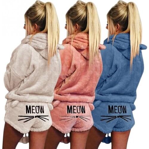 Autumn Winter Pajamas Women Two Piece Pajama Set Warm Coral Fleece Velvet Suit Kawaii Sleepwear Cute Cat Pattern Hoodies Shorts