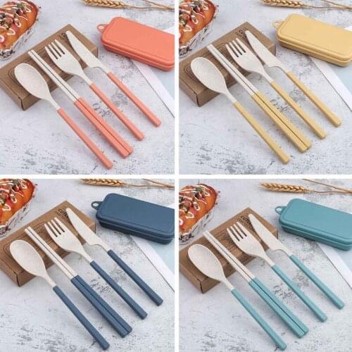 Portable Wheat Straw Fork Cutlery Set Foldable Folding Chopsticks Cutlery Set With Box Picnic Camping Travel Tableware Set