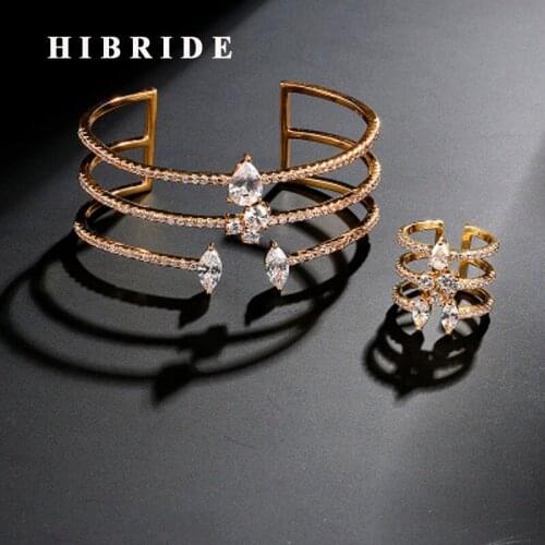 HIBRIDE Luxury Cubic Zircon Women Bangle Ring Sets Water Drop Crystal Cuff Bracelets Bangle Parure Bijoux Femme N-640