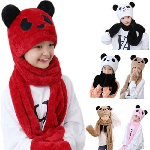 Toddler Kids Baby Winter 3 In 1 Hat Long Scarf Gloves Set Cute Panda Animal Ears Thicken Fuzzy Plush Hoodie Earflap Cap