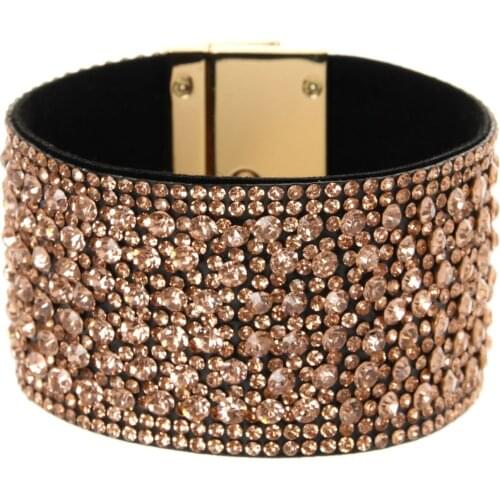 Wide Leather Crystal Bracelets & Bangles For Women Girls Handmade Female Charms Cuff Bracelet Wristband Party Jewelry