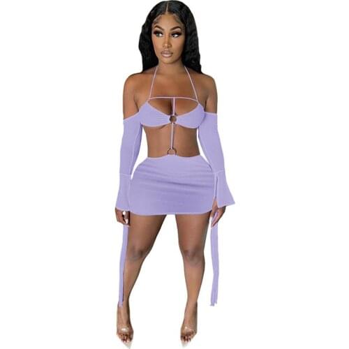Sweet Cool Girl Two Piece Sets Womens Outfits Mini Skirts And Top Long Sleeve Bandage Evening Party Club Sexy Dress 2021