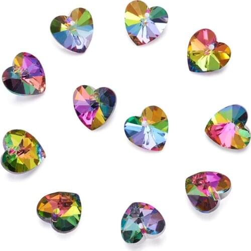 200pcs Colorful Heart Electroplated Glass Pendants Charms Silver Plated Bottom Faceted for Jewelry Making DIY Findings 14x14x8mm