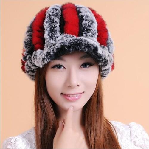 DANCING WINGS Women Visors Winter Cute Casual Thick Warm Rex Rabbit Fur Hats Elegant Luxury Striped Knitted Fur Hats Female MS-5