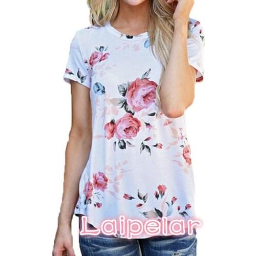 Summer Rose Floral Print Women T Shirt Casual Top Tees O-Neck White Tshirt Short Sleeve T-Shirts Loose Dark Blue Tshirt New