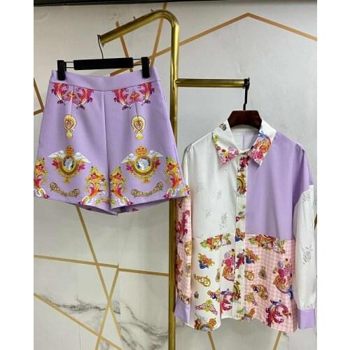 Two Runway Fashion Women Pieces Set Summer Autumn Casual Ladies Blouse+Shorts Flower Print Holiday Blue Pink Sets