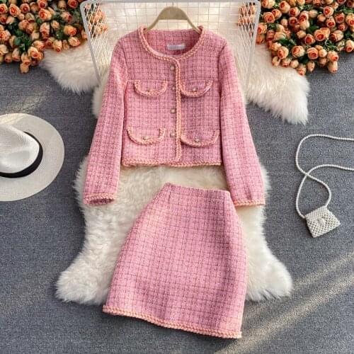 Blazer Mini Skirts Suits Women Plaid Short Two Piece Set Autumn Pink White Slim Tweed Jacket Half Skirt Female Two-Piece Sets