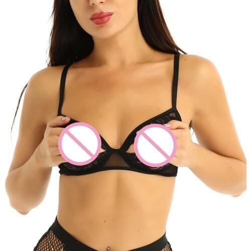 Women See-Through Lace Lingerie Adjustable Spaghetti Shoulder Straps Nipple Split Bralette Sexy Wire-free Unlined Nightwear Bra