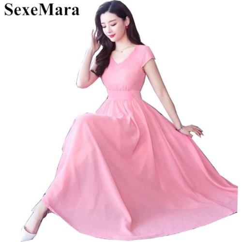 SexeMara Bohemian V-Neck Solid Color Slim Slimming Chiffon Dress Temperament Beach Female 2019 Summer New Pink Red Green Blue