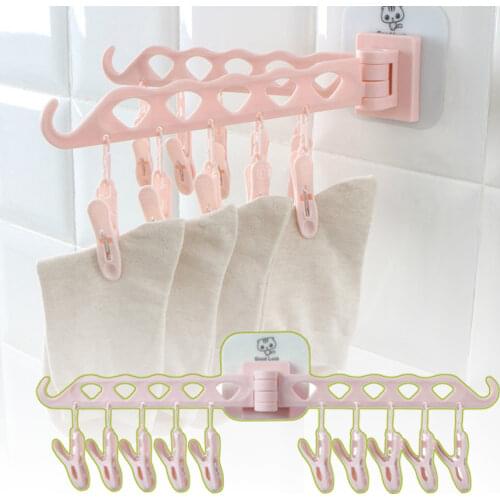 Household Free Punching Wall Hanging Drying Rack With 10 Clamps Rotating Multifunctional Hanger Kids Coat Baby Hanger