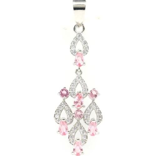 50x15mm Anniversary Long Pink Morganite CZ Bride Wedding 925 Sterling Silver Pendant
