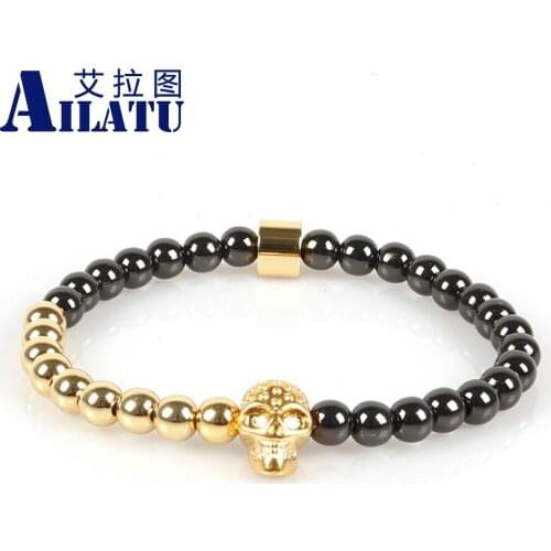 Ailatu Brand Powerful Stainless Steel Skull Charm with 8mm Copper Beads Men Bracelet Jewelry