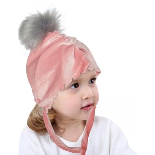 Velvet Baby Hat Faux Fur Pompom Hat Toddler Girl Soft Winter Warm Cap Earflaps Kids Beanie Bonnet Xmas Halloween Headwear
