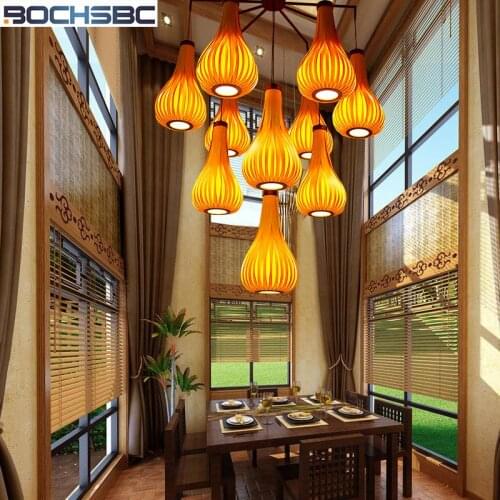 BOCHSBC Woodskin Lampshade Pendent Light Southeast Asia Creative Long Hanging Lamps for Living Room Dinning Room Hallway villa