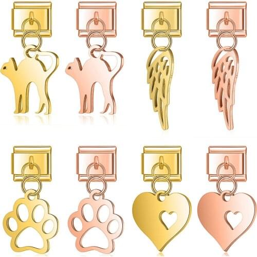 Hapiship Fashion New Elephant Angle Wing Cat Heart Love Claws Charm Link Fit 9mm Bracelet Stainless Steel Jewelry Making DJ246