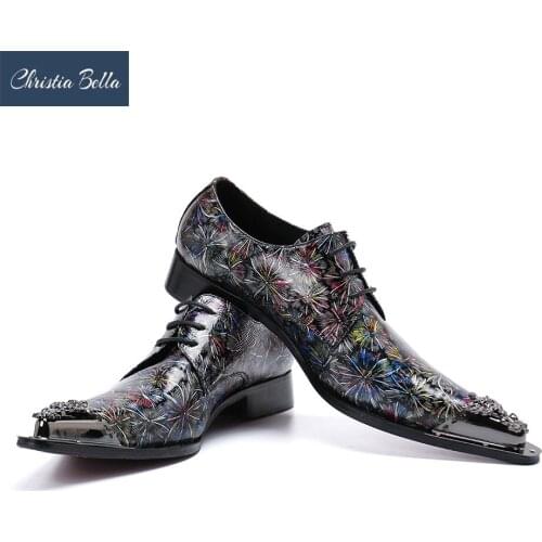 Christia Bella Brand Designer Genuine Leather Shoes Mens Business Dress Shoes British Style Firework Printed Oxford Men Footwear