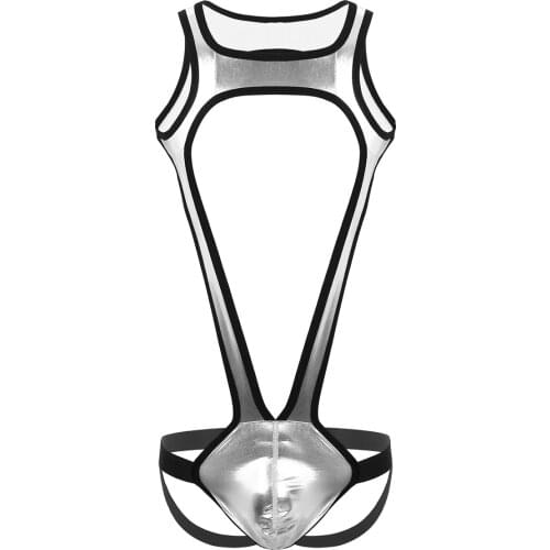 Mens Bodysuit Teddies Sexy Lingerie Shiny Metallic Underwear Suspenders Bulge Pouch Briefs Jumpsuit Rave Clubwear Party Costume