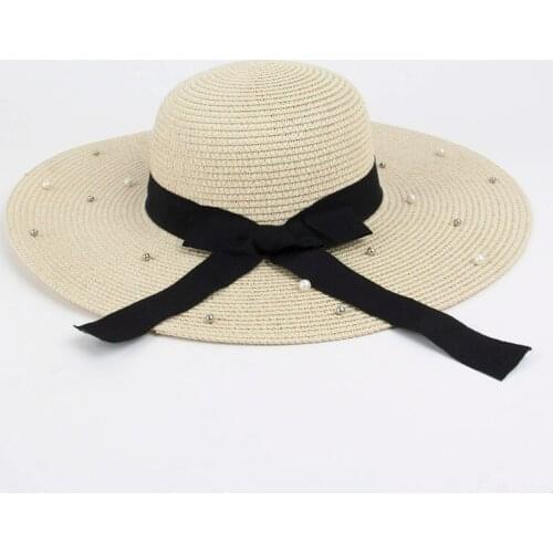 Womens Summer Straw Hat Female Rivet And Pearls Beach hat Wide Brim Panama Cap Big Wide Brim Hats For Women Foldable Caps L016