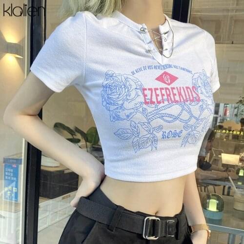 KLALIEN Women Summer Simple Print Letter White Knit T Shirt 2021 New Casual Slim Stretch Wild Basic Female Streetwear Top