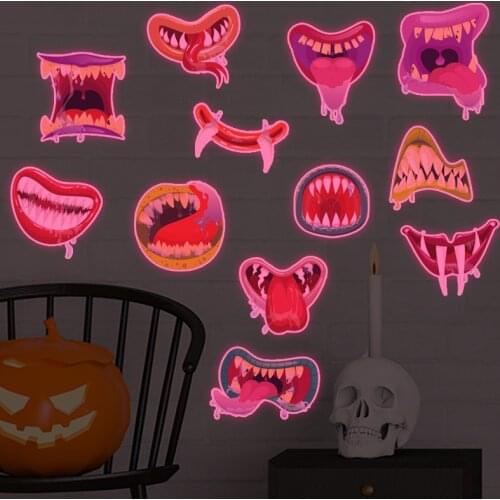 Cartoon Luminous Monster Mouth Wallpaper Halloween Fluorescent Stickers Festive Pink Light Wall Stickers Self-Adhesive