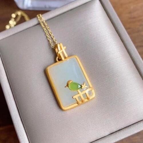 Silver Inlaid Natural Hetian White Jade Sparrow Pendant Necklace Retro Palace Style Adorable Charm Womens Brand Jewelry