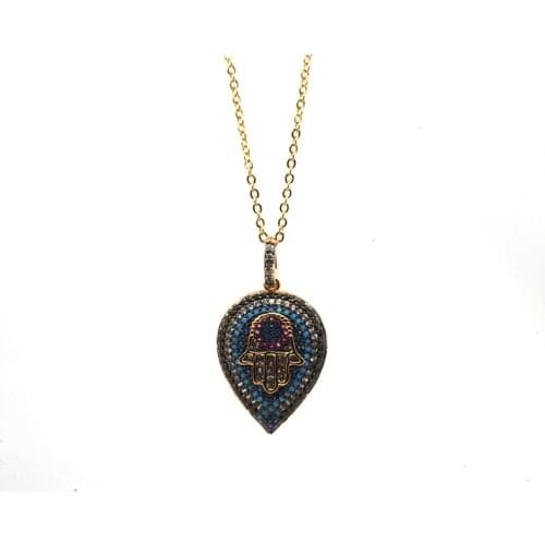 Pohier Micro Pave Crystal Turkey Blue Evil Eye Hamsa Fatima Hand Pendant Necklace For Women Fashion Jewelry