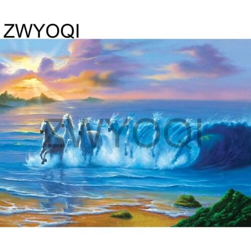 Full Square Diamond painting Cross stitch horse sea sky DIY 3D Diamond mosaic horse sea sky Full Round Diamond embroidery horse